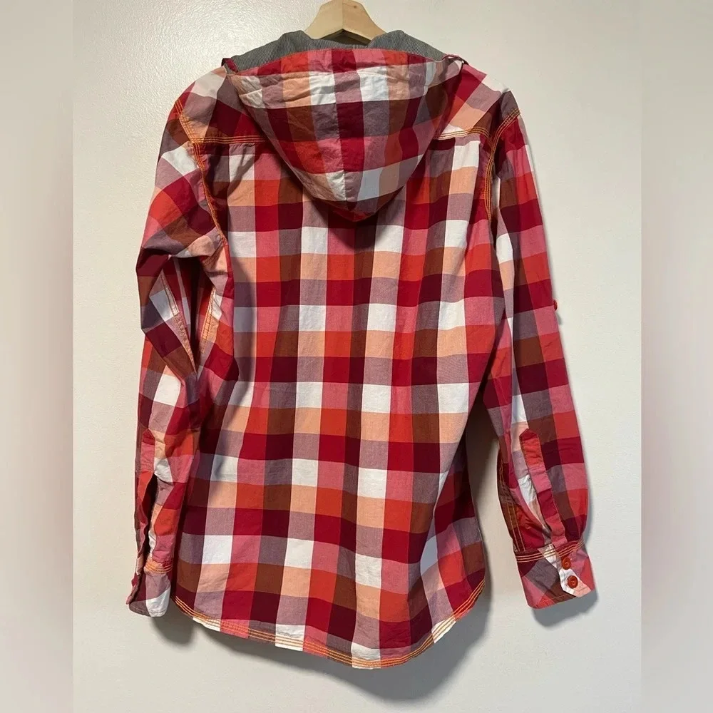Tanjim Red & Orange Checked Plaid Hooded Button  Up Shirt Jacket - Size Large - Picture 6 of 11